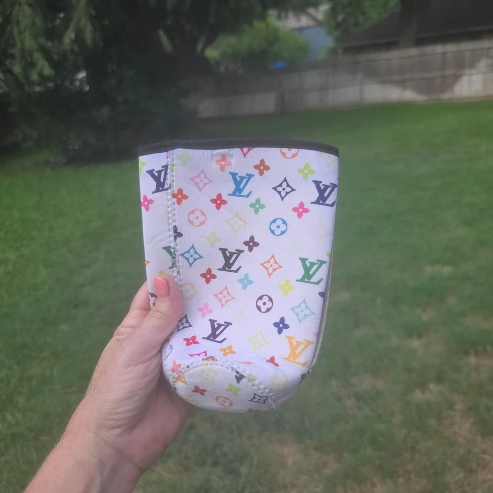 Custom Repurposed Designer Monogram Drink Insulator Sleeve Multicolor White